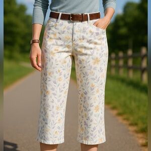 Gloria Vanderbilt Amanda White Floral Watercolor Crop Jeans Sz 14